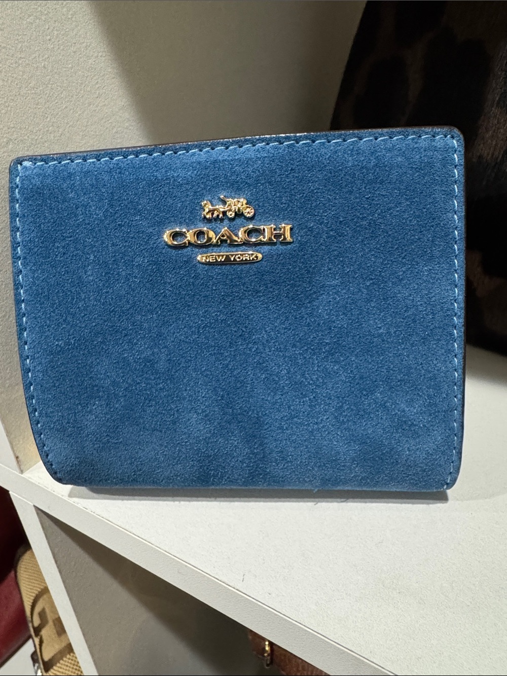 Coach Blue Jay Suede Compact Wallet with Gold C Logo